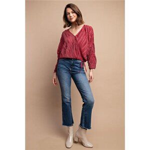 Gorgeous Burgundy Satin Pleated Drawstring Top With Snap Button Blouse For Women